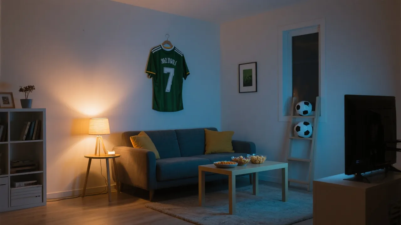 温暖的家庭观赛角布置：沙发、球衣、柔光灯、零食台