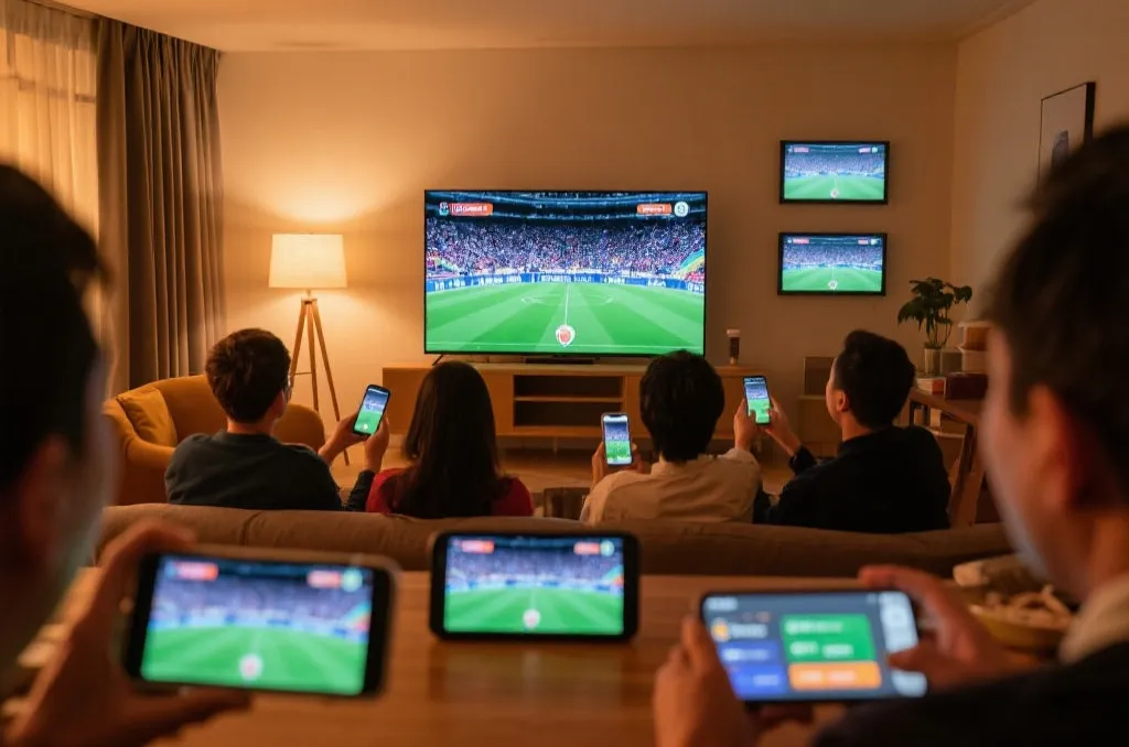 夜晚室内多人远程观赛，电视大屏与手机互动界面，多屏协同的虚拟球迷区氛围