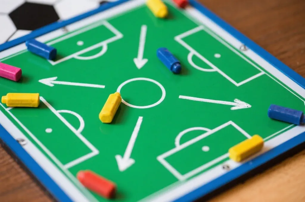 An editorial-style close-up of a tactical magnetic soccer board with colorful markers and strategic white chalk arrows showing a dynamic play