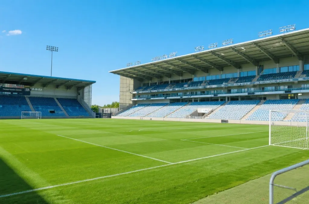 An editorial view of a classic open-air soccer stadium with a lush green pitch and modern stands